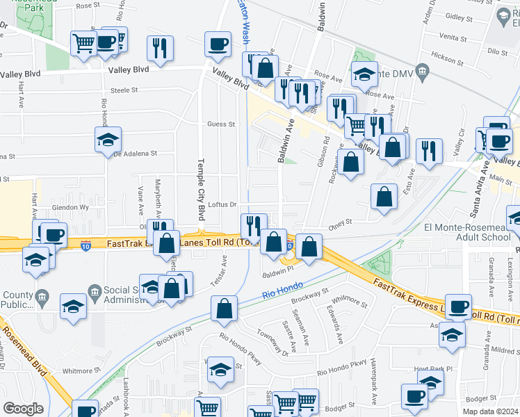 map of restaurants, bars, coffee shops, grocery stores, and more near 9904 Loftus Drive in El Monte