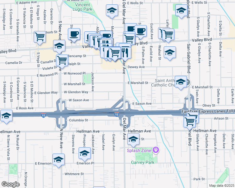 map of restaurants, bars, coffee shops, grocery stores, and more near 128 West Glendon Way in San Gabriel
