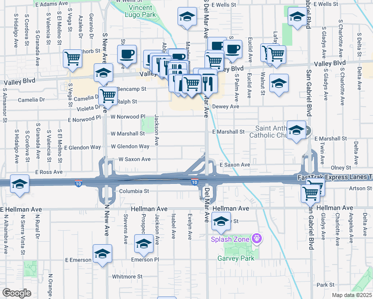 map of restaurants, bars, coffee shops, grocery stores, and more near 128 West Glendon Way in San Gabriel
