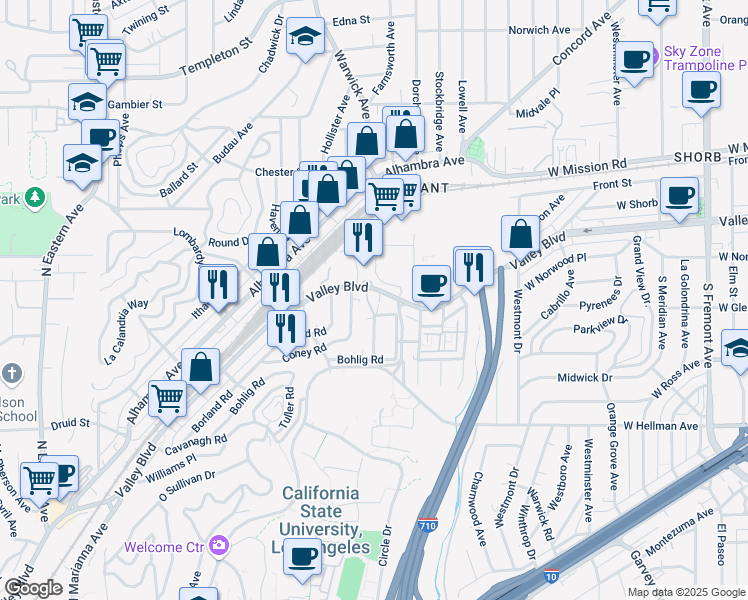 map of restaurants, bars, coffee shops, grocery stores, and more near 5424 Valley Boulevard in Los Angeles