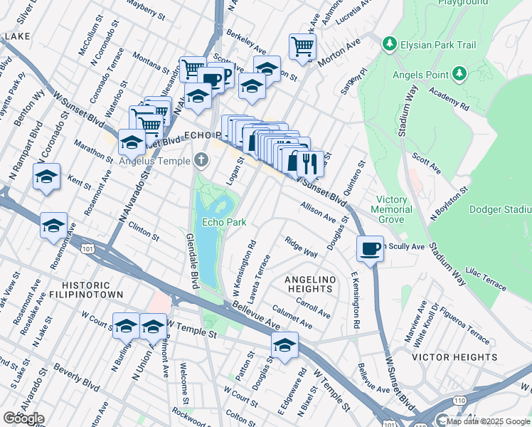 map of restaurants, bars, coffee shops, grocery stores, and more near 1101 Laveta Terrace in Los Angeles