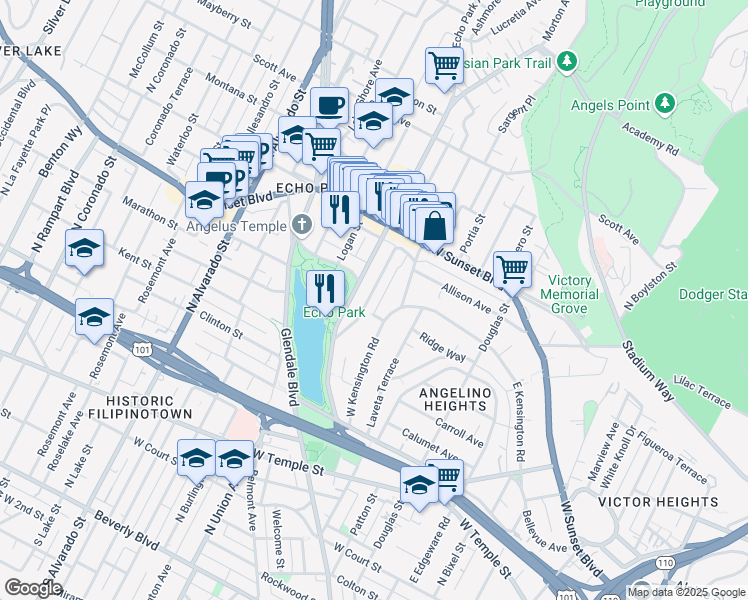 map of restaurants, bars, coffee shops, grocery stores, and more near 1011 Laguna Avenue in Los Angeles