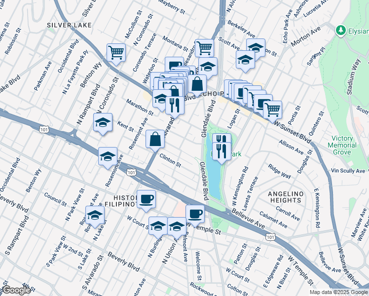 map of restaurants, bars, coffee shops, grocery stores, and more near 1747 Kent Street in Los Angeles