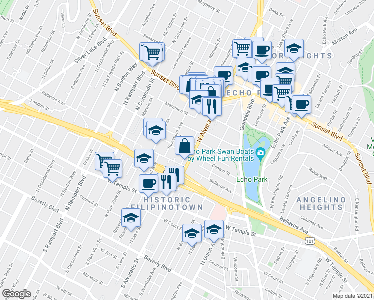 map of restaurants, bars, coffee shops, grocery stores, and more near 707 North Alvarado Street in Los Angeles