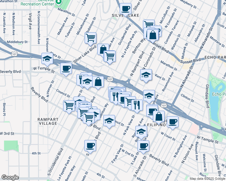 map of restaurants, bars, coffee shops, grocery stores, and more near 343-351 North Benton Way in Los Angeles