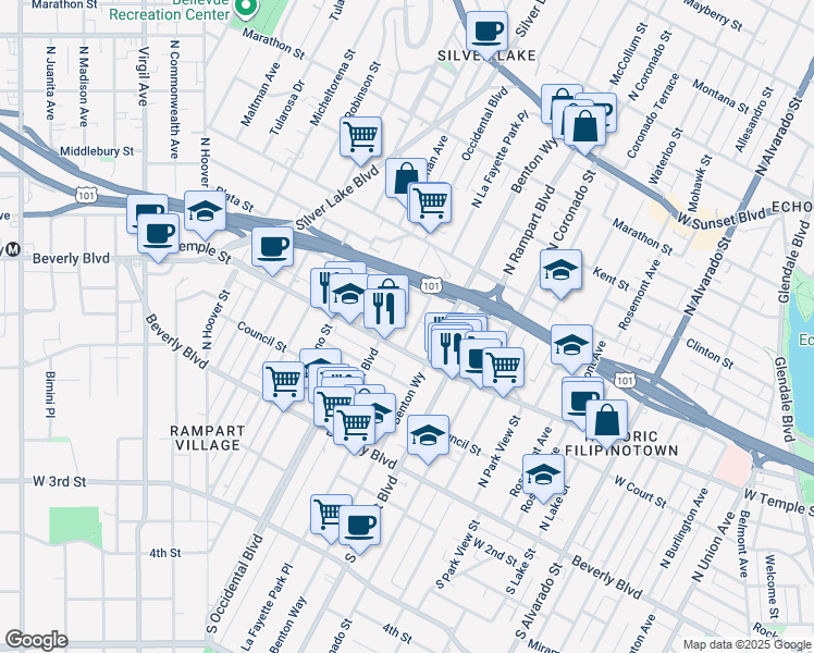 map of restaurants, bars, coffee shops, grocery stores, and more near 319 North La Fayette Park Place in Los Angeles