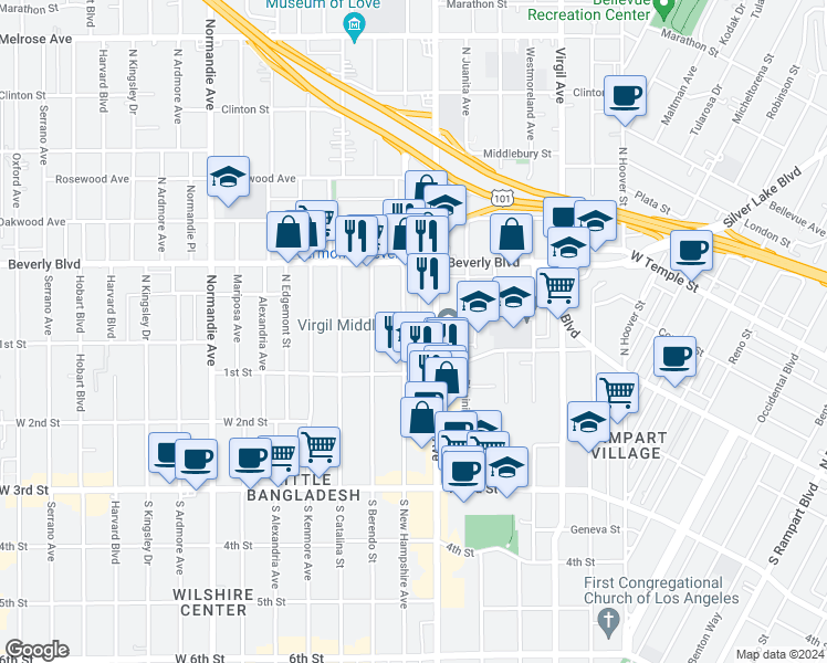 map of restaurants, bars, coffee shops, grocery stores, and more near 143 North New Hampshire Avenue in Los Angeles