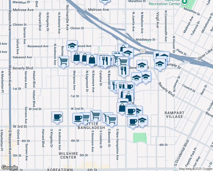 map of restaurants, bars, coffee shops, grocery stores, and more near 141 North Berendo Street in Los Angeles