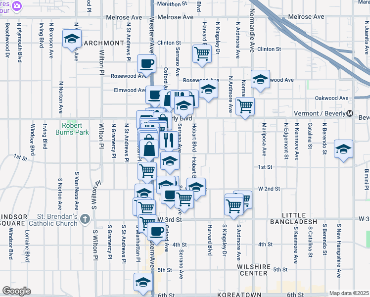 map of restaurants, bars, coffee shops, grocery stores, and more near 106 North Serrano Avenue in Los Angeles