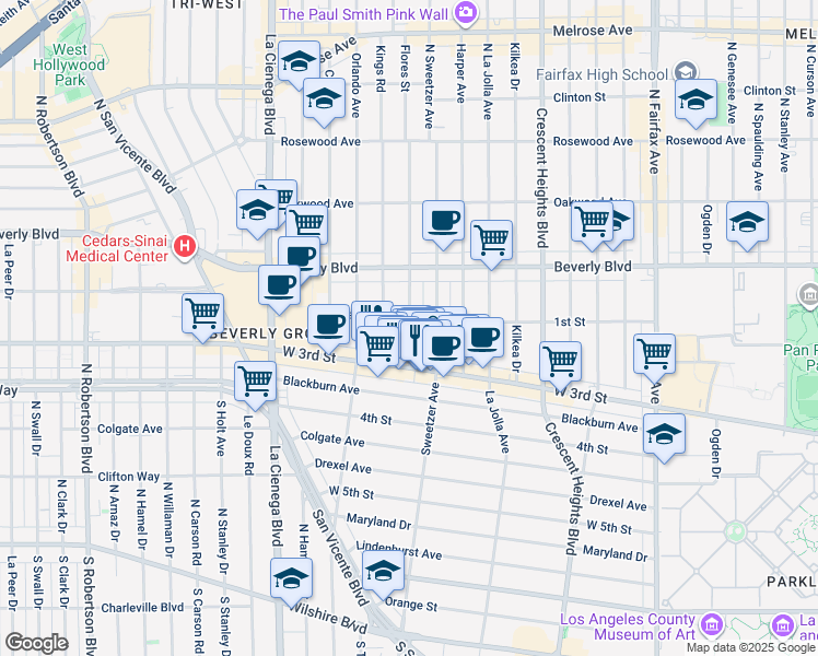 map of restaurants, bars, coffee shops, grocery stores, and more near 112 South Flores Street in Los Angeles