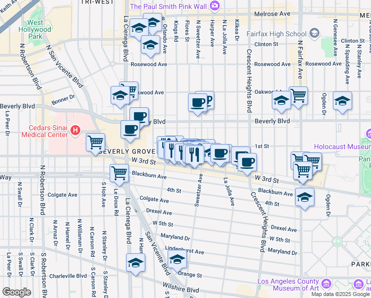 map of restaurants, bars, coffee shops, grocery stores, and more near 112 South Flores Street in Los Angeles