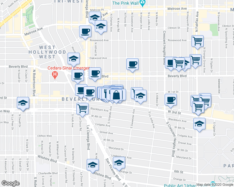 map of restaurants, bars, coffee shops, grocery stores, and more near in West Hollywood