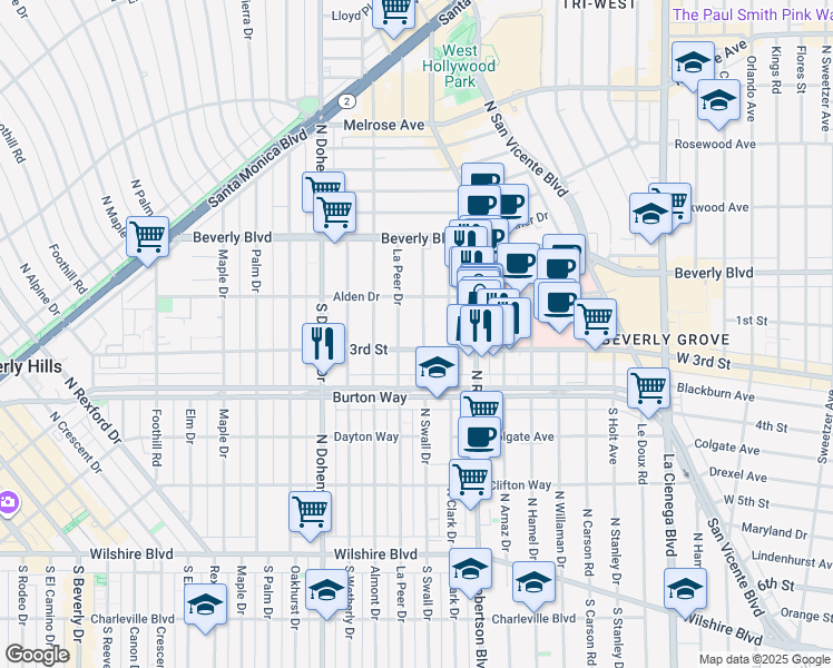 map of restaurants, bars, coffee shops, grocery stores, and more near 135 South Swall Drive in Los Angeles