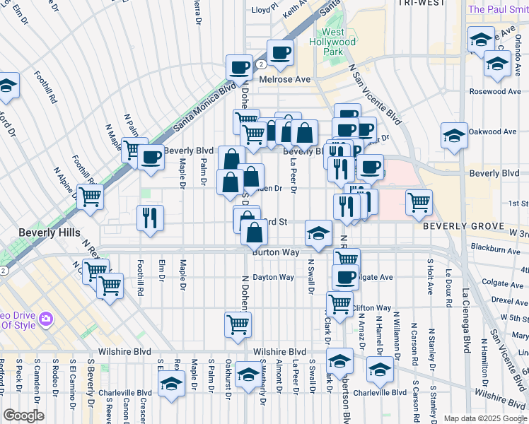map of restaurants, bars, coffee shops, grocery stores, and more near 147 South Wetherly Drive in Los Angeles