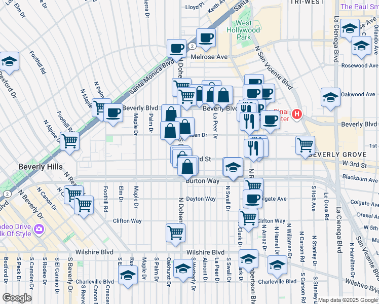 map of restaurants, bars, coffee shops, grocery stores, and more near 147 South Wetherly Drive in Los Angeles