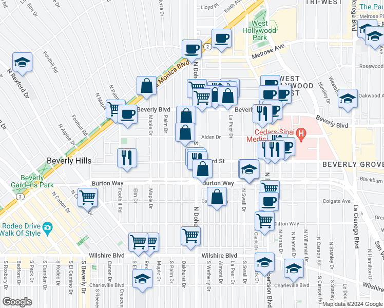 map of restaurants, bars, coffee shops, grocery stores, and more near 336 North Oakhurst Drive in Beverly Hills