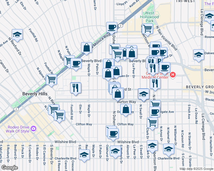 map of restaurants, bars, coffee shops, grocery stores, and more near 336 North Oakhurst Drive in Beverly Hills