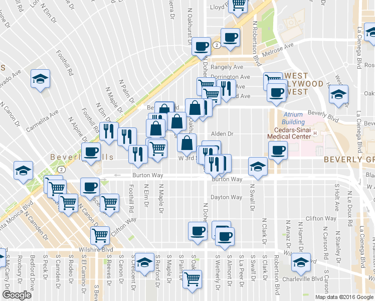 map of restaurants, bars, coffee shops, grocery stores, and more near 332 North Palm Drive in Beverly Hills