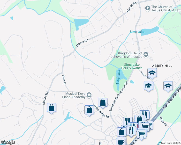 map of restaurants, bars, coffee shops, grocery stores, and more near 450 Surveyors Point in Suwanee