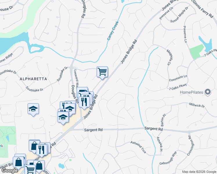 map of restaurants, bars, coffee shops, grocery stores, and more near 170 Fallen Leaf Court in Alpharetta