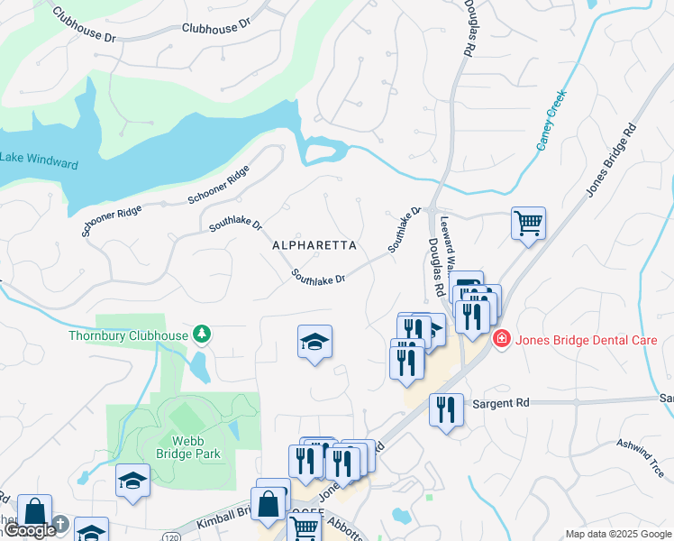 map of restaurants, bars, coffee shops, grocery stores, and more near 5145 Southlake Drive in Alpharetta