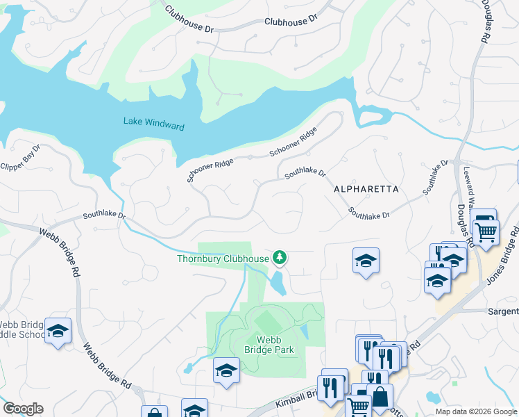 map of restaurants, bars, coffee shops, grocery stores, and more near 3300 Lakewind Way in Alpharetta