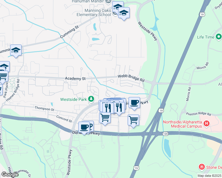 map of restaurants, bars, coffee shops, grocery stores, and more near 6301 Webb Bridge Road in Alpharetta