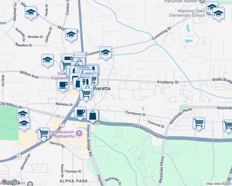 map of restaurants, bars, coffee shops, grocery stores, and more near 475 Rowes Circle in Alpharetta