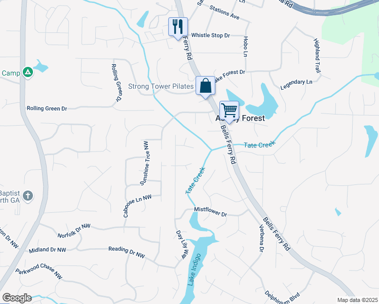 map of restaurants, bars, coffee shops, grocery stores, and more near 1105 Anemone Way Northwest in Acworth
