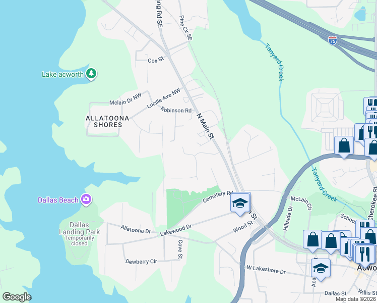 map of restaurants, bars, coffee shops, grocery stores, and more near 4824 Archer Place in Acworth