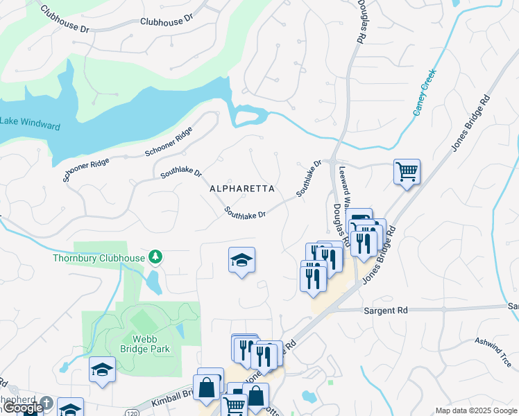 map of restaurants, bars, coffee shops, grocery stores, and more near 5145 Southlake Drive in Alpharetta