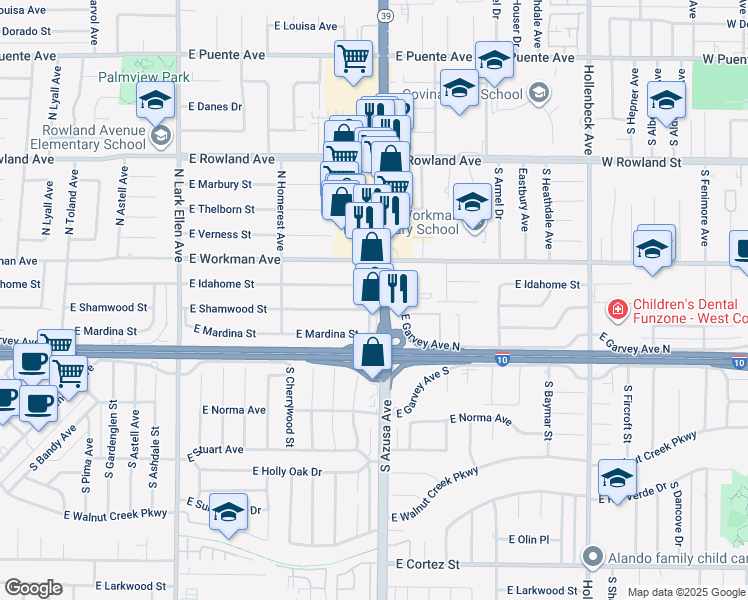 map of restaurants, bars, coffee shops, grocery stores, and more near 215 North Azusa Avenue in West Covina