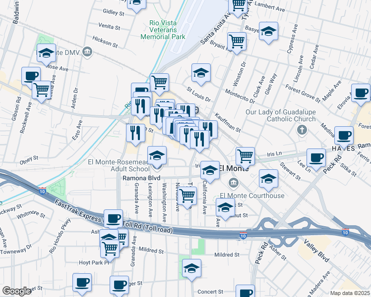 map of restaurants, bars, coffee shops, grocery stores, and more near 10940 Main Street in El Monte
