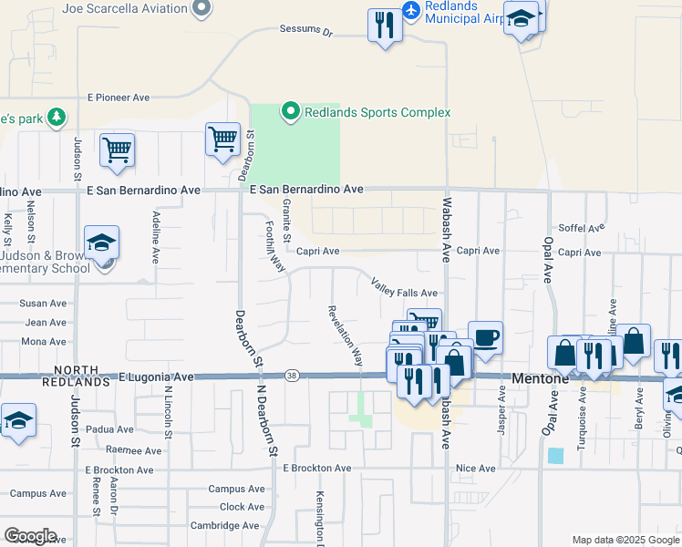 map of restaurants, bars, coffee shops, grocery stores, and more near 1446 Revelation Way in Redlands