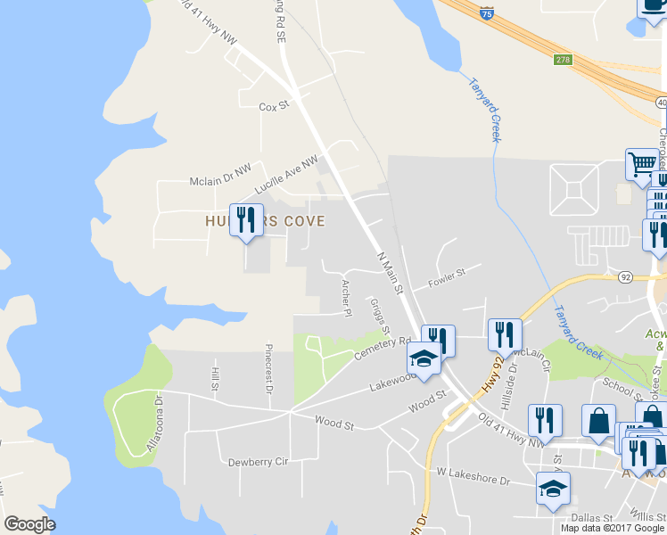 map of restaurants, bars, coffee shops, grocery stores, and more near 4824 Archer Place in Acworth