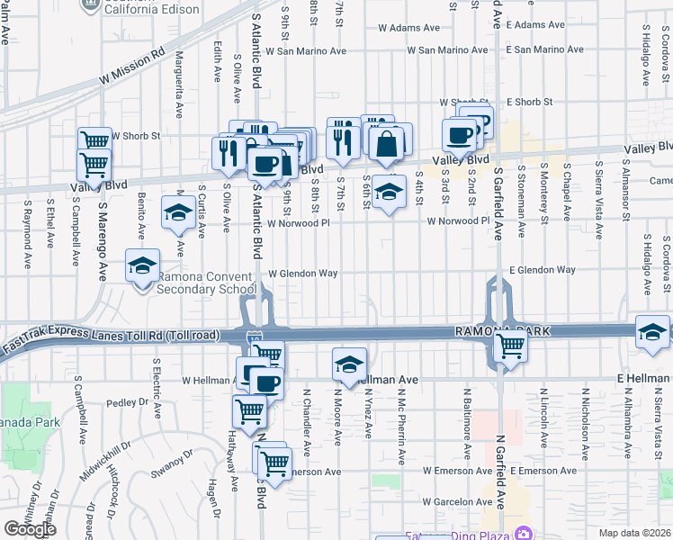map of restaurants, bars, coffee shops, grocery stores, and more near 709 West Glendon Way in Alhambra