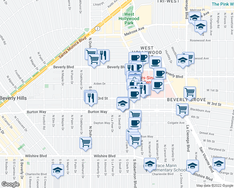 map of restaurants, bars, coffee shops, grocery stores, and more near 135 South Swall Drive in Los Angeles