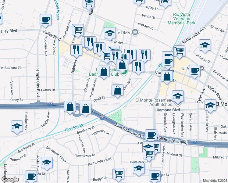 map of restaurants, bars, coffee shops, grocery stores, and more near 10218 Roxie Street in El Monte