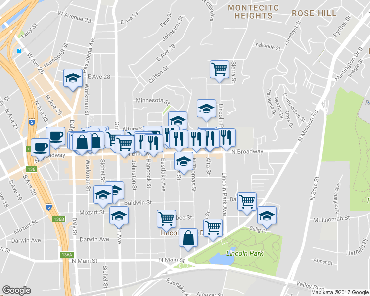 map of restaurants, bars, coffee shops, grocery stores, and more near 3315 North Broadway in Los Angeles