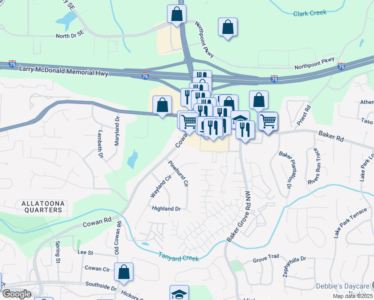 map of restaurants, bars, coffee shops, grocery stores, and more near 4958 Cowan Road in Acworth