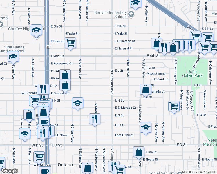 map of restaurants, bars, coffee shops, grocery stores, and more near 656 East I Street in Ontario