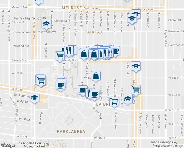 map of restaurants, bars, coffee shops, grocery stores, and more near 117 North Martel Avenue in Los Angeles