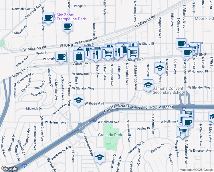 map of restaurants, bars, coffee shops, grocery stores, and more near 1640 South Palm Avenue in Alhambra
