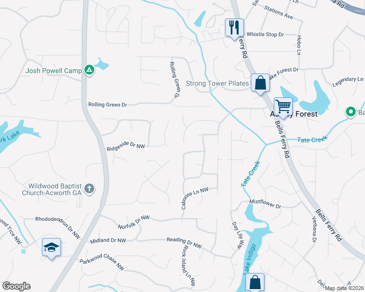 map of restaurants, bars, coffee shops, grocery stores, and more near 1038 Summer Place Northwest in Acworth