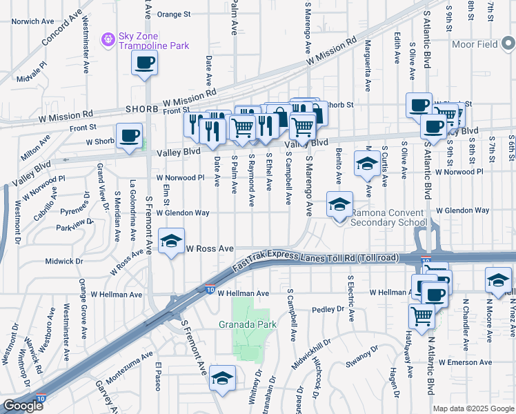 map of restaurants, bars, coffee shops, grocery stores, and more near 1625 South Ethel Avenue in Alhambra
