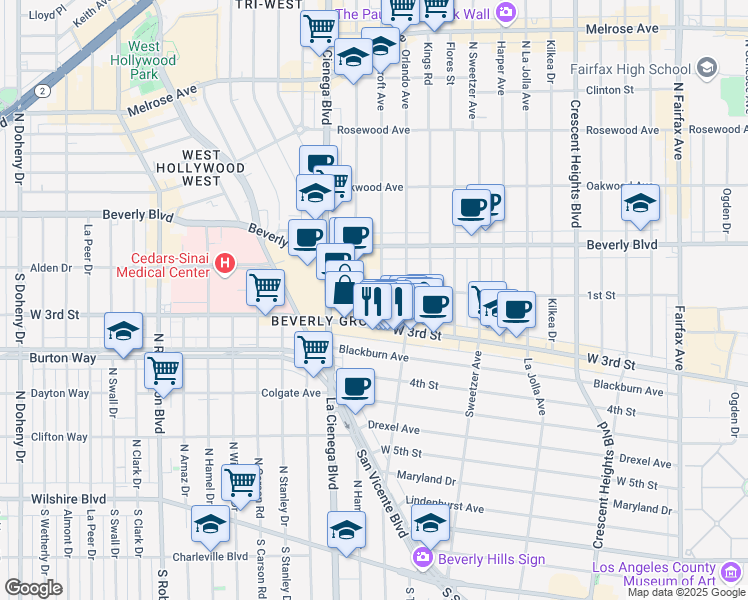 map of restaurants, bars, coffee shops, grocery stores, and more near 111 South Croft Avenue in Los Angeles