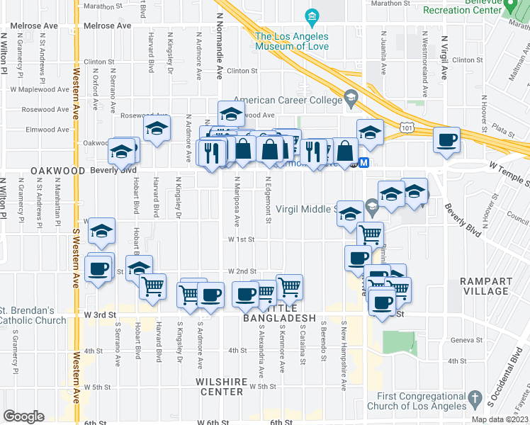 map of restaurants, bars, coffee shops, grocery stores, and more near 145 North Edgemont Street in Los Angeles