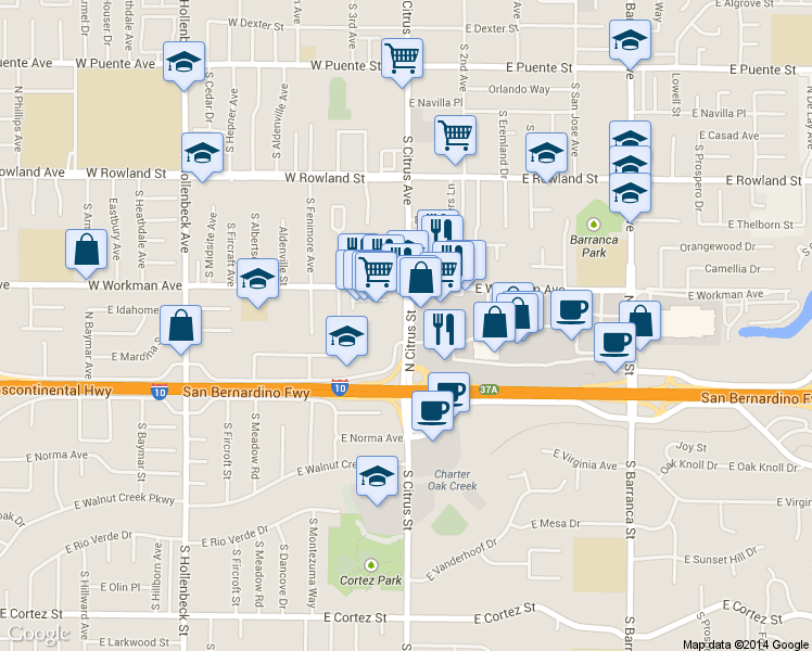 map of restaurants, bars, coffee shops, grocery stores, and more near 211 North Citrus Street in West Covina