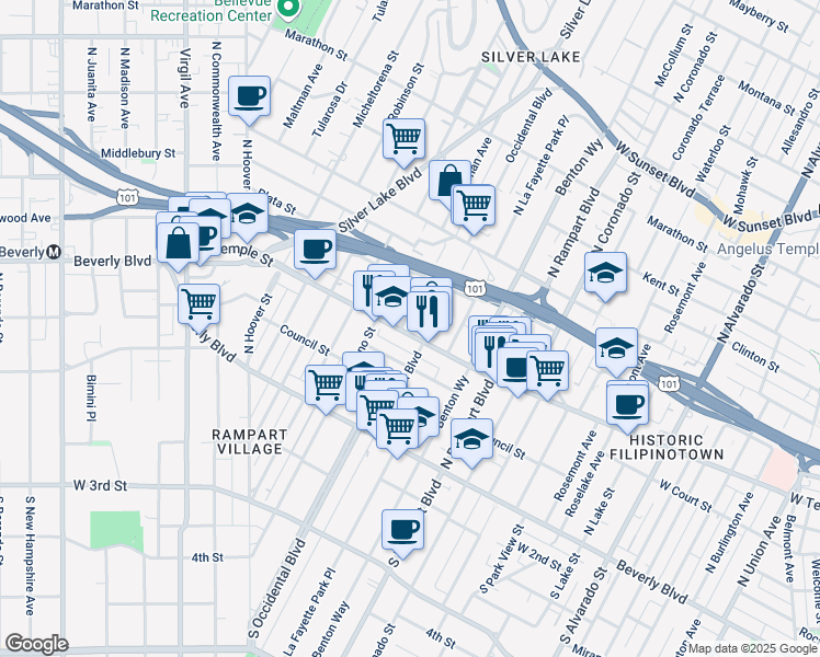 map of restaurants, bars, coffee shops, grocery stores, and more near 2819 West Temple Street in Los Angeles