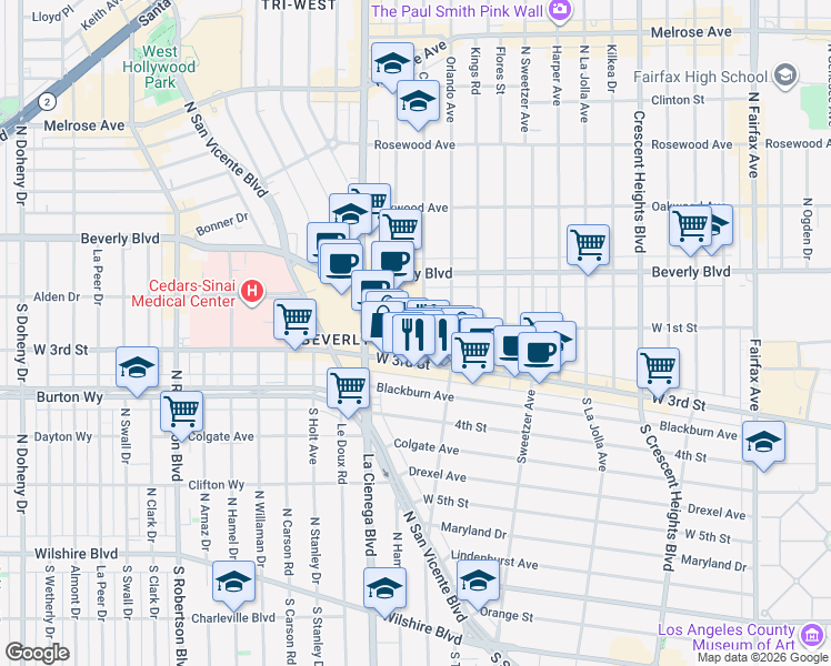 map of restaurants, bars, coffee shops, grocery stores, and more near 111 South Croft Avenue in Los Angeles